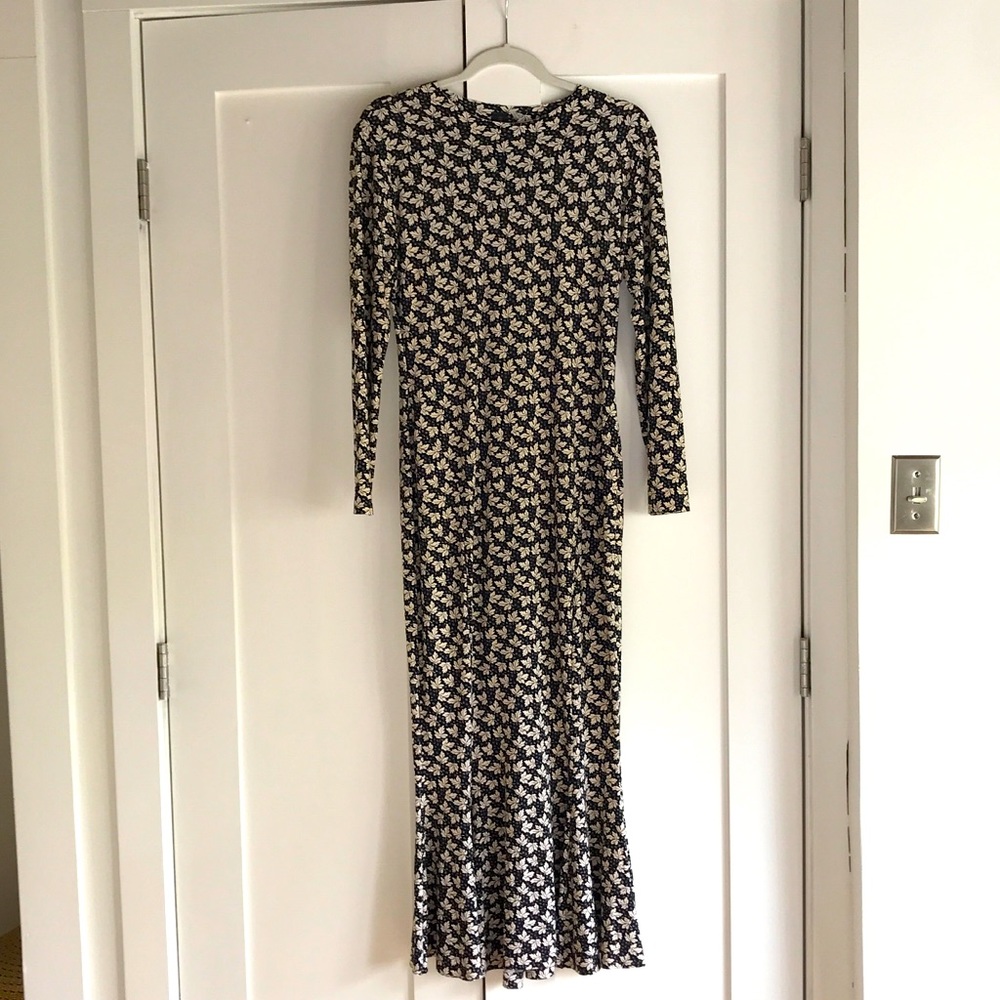 Black fishtail dress with leaf floral print
